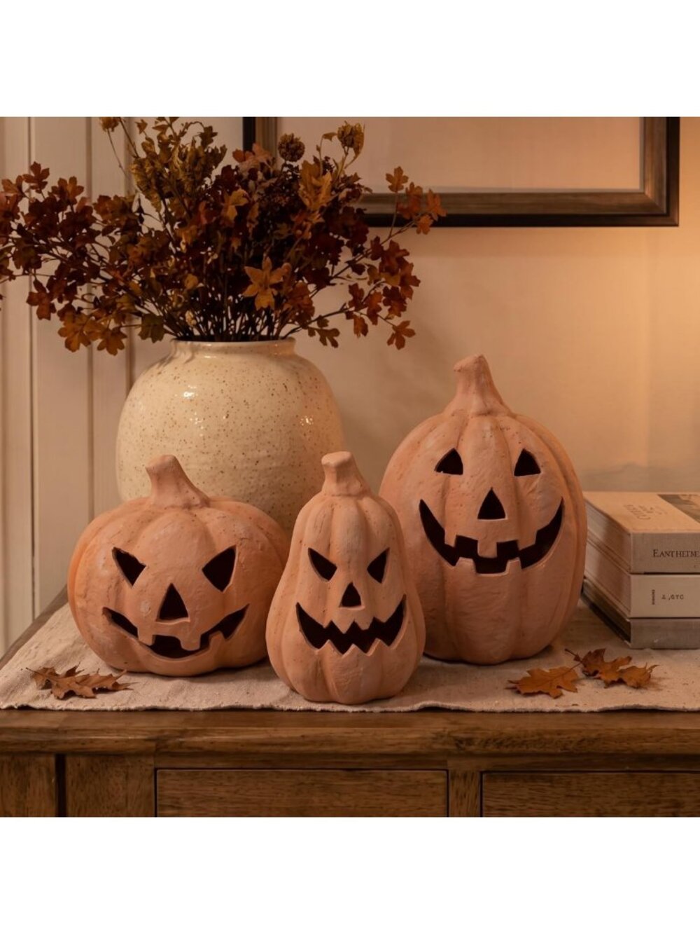Set of 3 Terracotta Pumpkins for Fall Decor - Outdoor Autumn Decoration, Orange